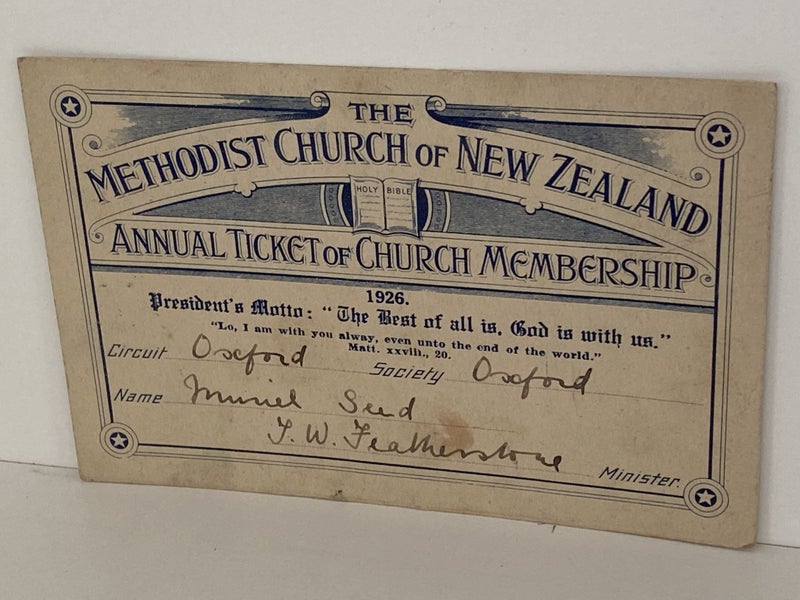 OLD MEMBERSHIP TICKET: Methodist Church of New Zealand, Oxford 1926 Carousel 2