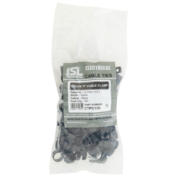 ISL Nylon 'P' Cable Clamp 13mm Black 100pk Carousel 1