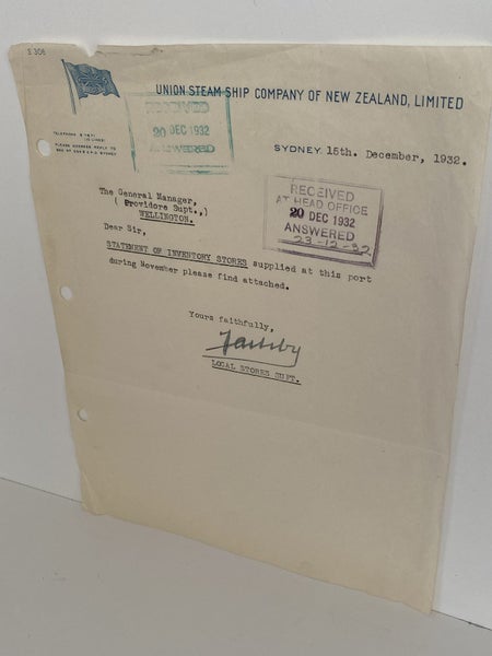 OLD LETTERHEAD: Union Steamship Company of New Zealand, Sydney 1932 Carousel 2