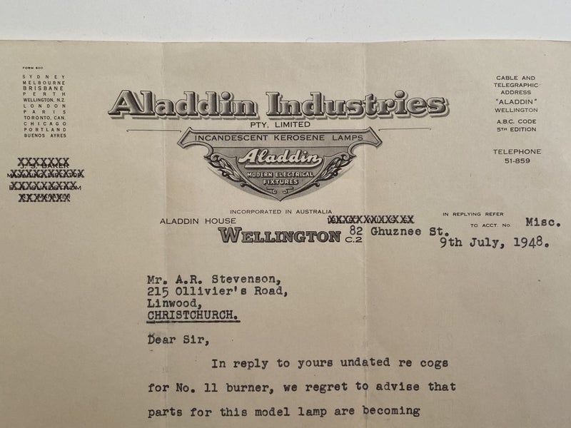 OLD LETTERHEAD: Aladdin Industries Pty Ltd, Wellington 1948 Carousel 1