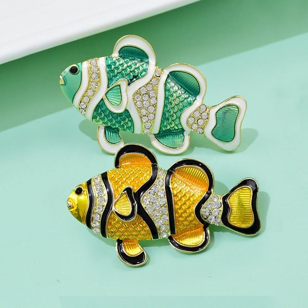 Cute Critters Brooch - Clown Fish - Green or Yellow Enamel With Crystals, Fun... Carousel 1
