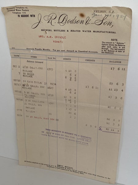 OLD INVOICE / RECEIPT: from J. R Dodson & Son - Brewers & Bottlers, Nelson 1927 Carousel 2