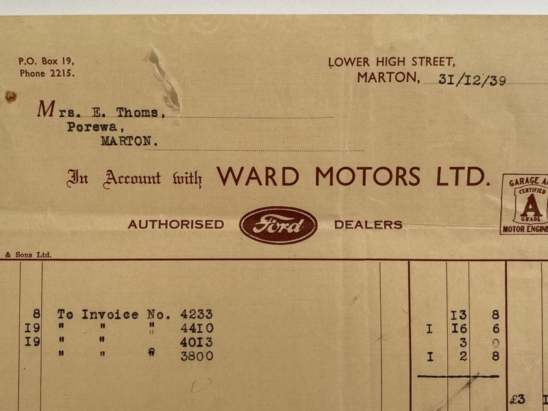OLD INVOICE / RECEIPT: from Ward Motors Ltd - Ford Dealers. Marton 1939 Carousel 1