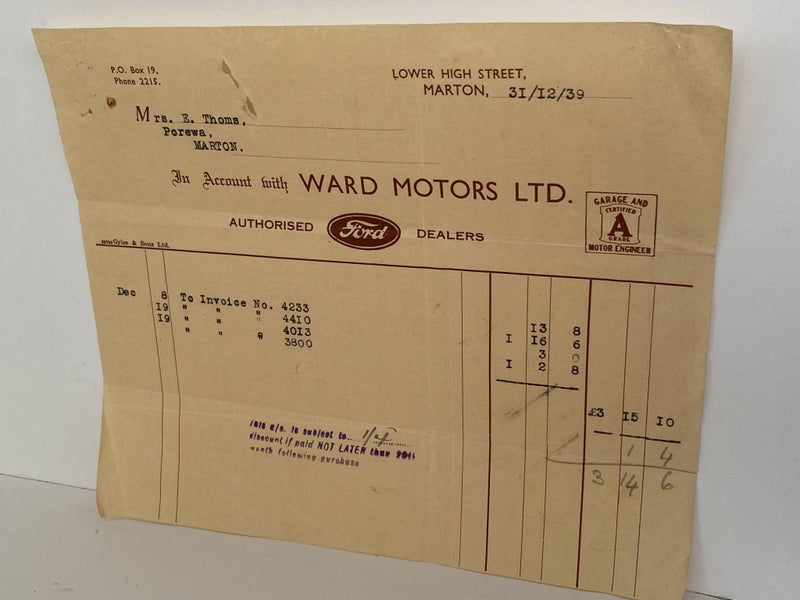 OLD INVOICE / RECEIPT: from Ward Motors Ltd - Ford Dealers. Marton 1939 Carousel 2
