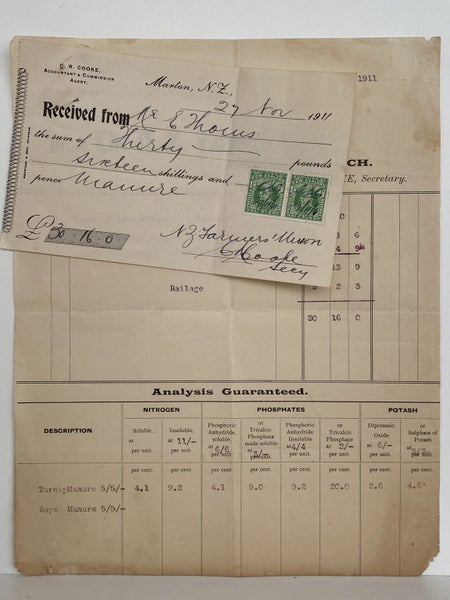 ANTIQUE INVOICE / RECEIPT: New Zealand Farmers Union, Marton 1911 (111yo) Carousel 2