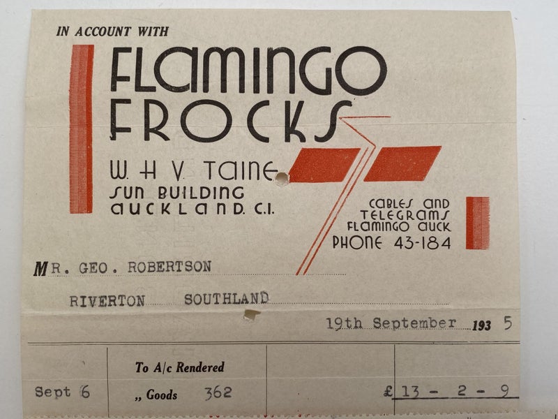OLD INVOICE / RECEIPT: Flamingo Frocks, Auckland 1935 Carousel 1