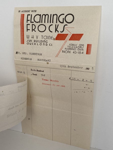 OLD INVOICE / RECEIPT: Flamingo Frocks, Auckland 1935 Carousel 2