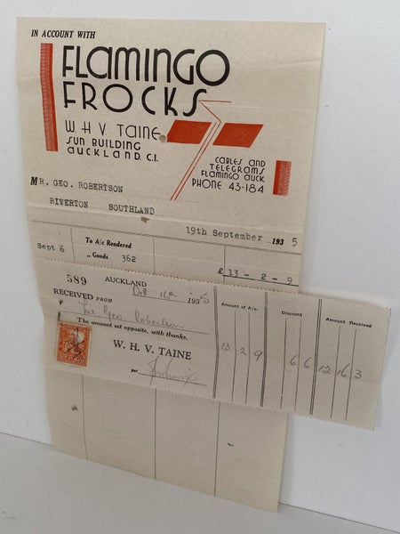 OLD INVOICE / RECEIPT: Flamingo Frocks, Auckland 1935 Carousel 3