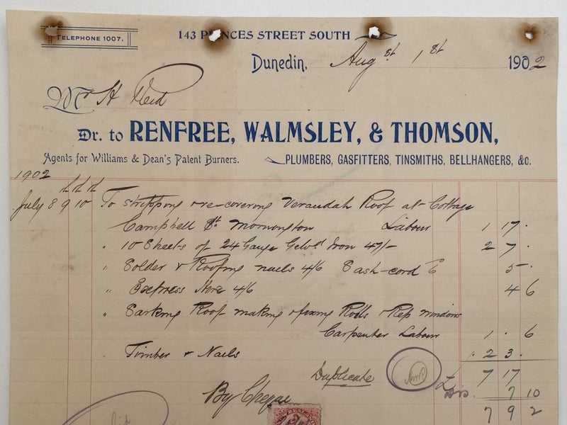 ANTIQUE INVOICE: Renfree, Walmsley & Thomson - Plumbers. Dunedin 1902 (120 yo) Carousel 1