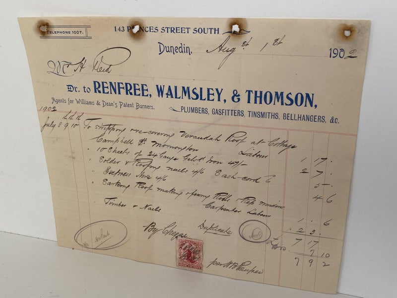 ANTIQUE INVOICE: Renfree, Walmsley & Thomson - Plumbers. Dunedin 1902 (120 yo) Carousel 2