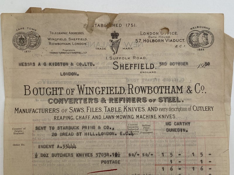 OLD INVOICE: Bought of Wingfield, Rowbotham & Co. London - Steel Refiners 1930 Carousel 1