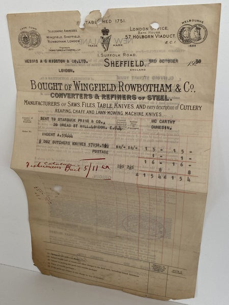 OLD INVOICE: Bought of Wingfield, Rowbotham & Co. London - Steel Refiners 1930 Carousel 2
