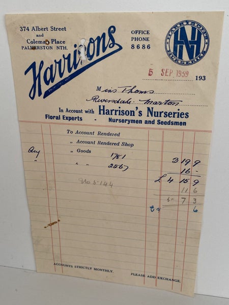 OLD INVOICE: Harrison's Nurseries, P Nth - Nurserymen & Seedsmen 1939 Carousel 2
