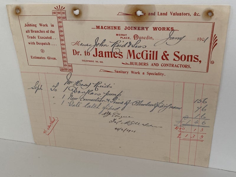 ANTIQUE INVOICE: James McGill & Sons, Dunedin - Builders & Contractors 1901 Carousel 2