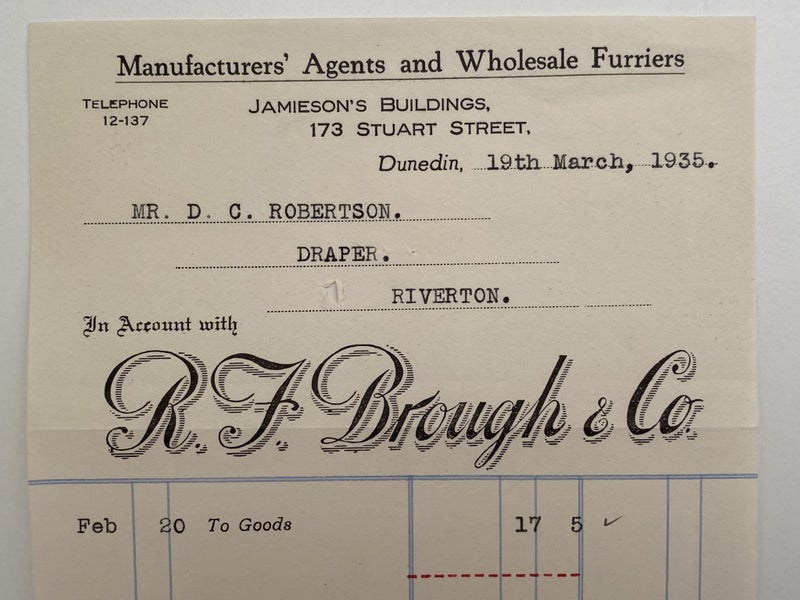 OLD INVOICE: R.J. Brough & Co. Dunedin - Manufacturers' Agents & Furriers 1935 Carousel 1