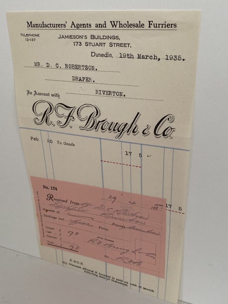 OLD INVOICE: R.J. Brough & Co. Dunedin - Manufacturers' Agents & Furriers 1935 Carousel 2