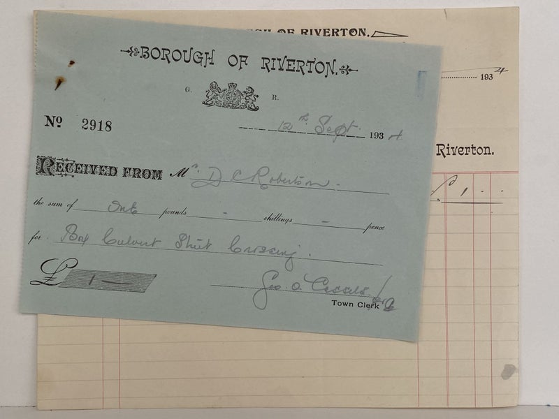 OLD INVOICE: Borough of Riverton, Town Hall 1934 Carousel 3