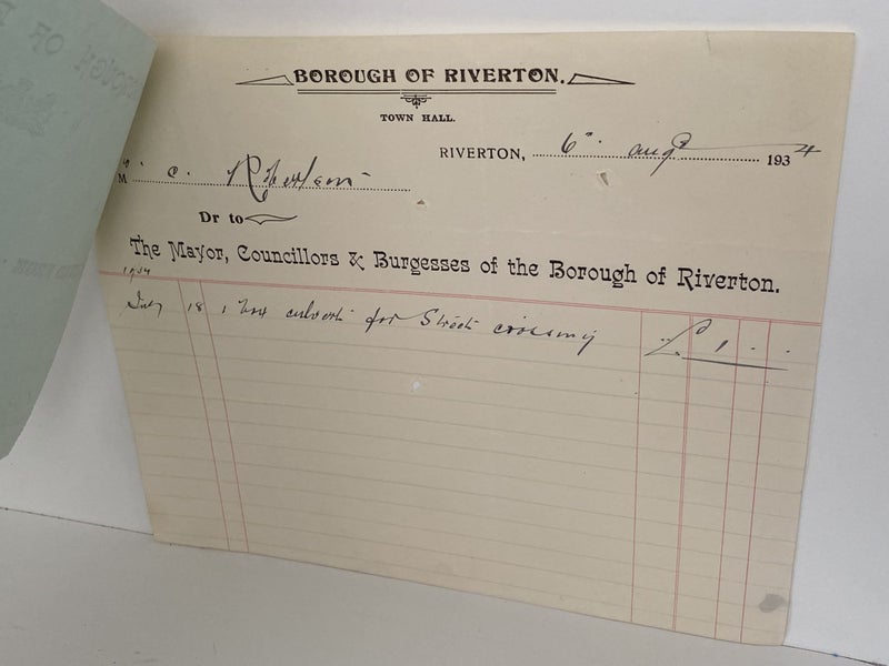 OLD INVOICE: Borough of Riverton, Town Hall 1934 Carousel 2