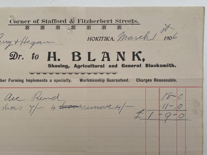 ANTIQUE RECEIPT: H. Blank, Hokitika - Shoeing, Agricultural and Blacksmiths 1906 Carousel 1