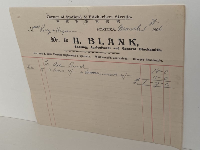 ANTIQUE RECEIPT: H. Blank, Hokitika - Shoeing, Agricultural and Blacksmiths 1906 Carousel 2