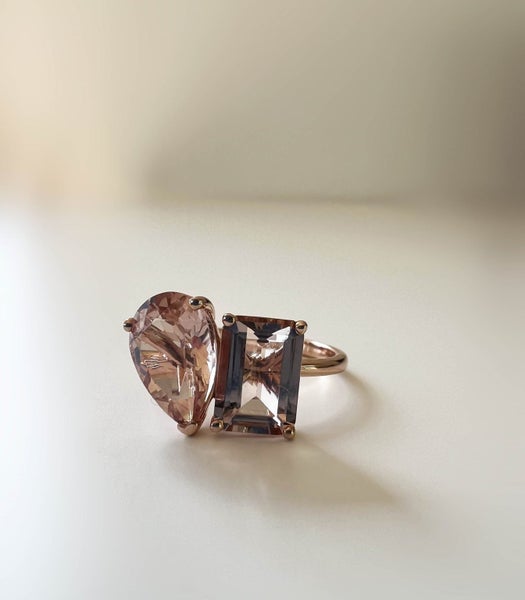 SALE! NEW 14k Rose Gold "Toi et moi" 5.60ctw Pear and Emerald Cut Morganite Ring Carousel 2