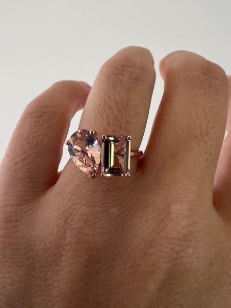SALE! NEW 14k Rose Gold "Toi et moi" 5.60ctw Pear and Emerald Cut Morganite Ring Carousel 1