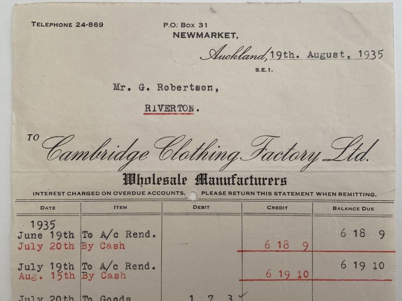OLD INVOICE / RECEIPT: Cambridge Clothing Factory Ltd, Auckland 1935 (87 yo) Carousel 1