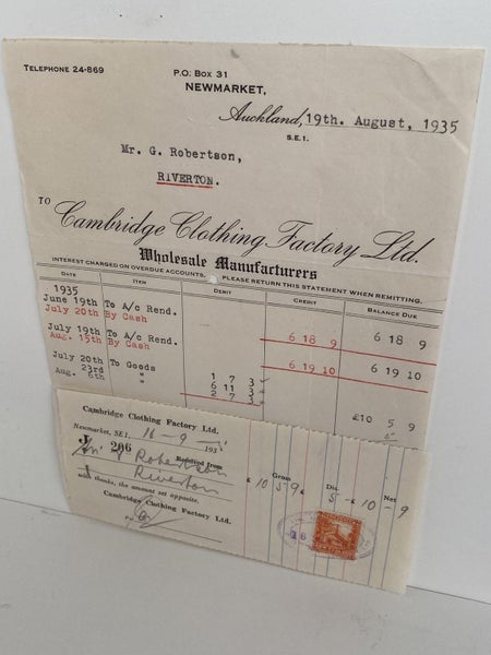 OLD INVOICE / RECEIPT: Cambridge Clothing Factory Ltd, Auckland 1935 (87 yo) Carousel 2