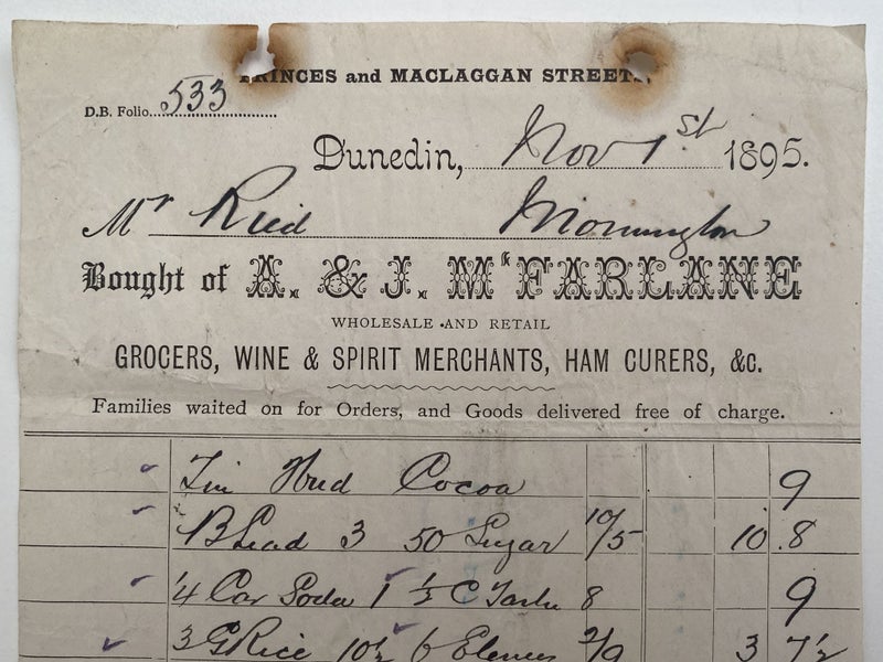 ANTIQUE INVOICE: A & J McFarlane, Dunedin - Grocers Wine & Spirits 1895 (127 yo) Carousel 1