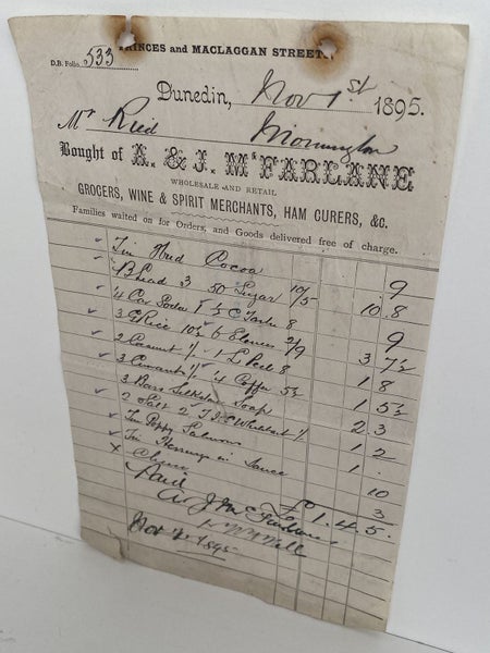 ANTIQUE INVOICE: A & J McFarlane, Dunedin - Grocers Wine & Spirits 1895 (127 yo) Carousel 2