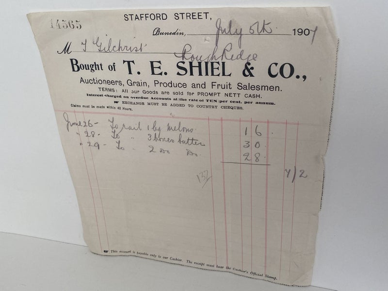 ANTIQUE INVOICE: T. E. Shiel & Co. Dunedin - Grain, Produce, Fruit 1907 (115yo) Carousel 2