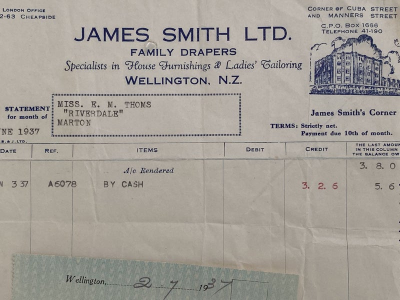 OLD INVOICE / RECEIPT: James Smith - Family Drapers, Wellington 1937 Carousel 1