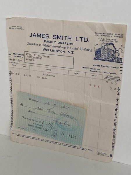 OLD INVOICE / RECEIPT: James Smith - Family Drapers, Wellington 1937 Carousel 2