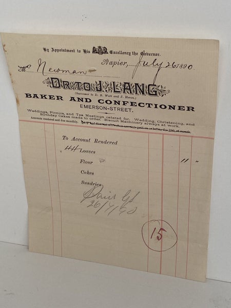 ANTIQUE INVOICE: J. Lang, Napier - Baker & Confectioner 1890 (132 yo) Carousel 2