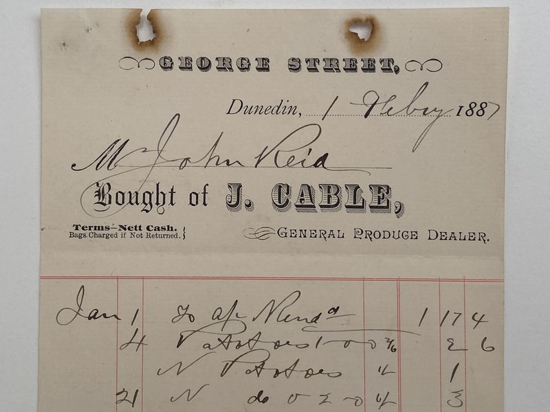 ANTIQUE INVOICE: J. Cable. Dunedin - General Produce Dealer 1887 (135 yo) Carousel 1