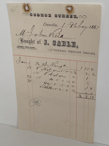 ANTIQUE INVOICE: J. Cable. Dunedin - General Produce Dealer 1887 (135 yo) Carousel 2