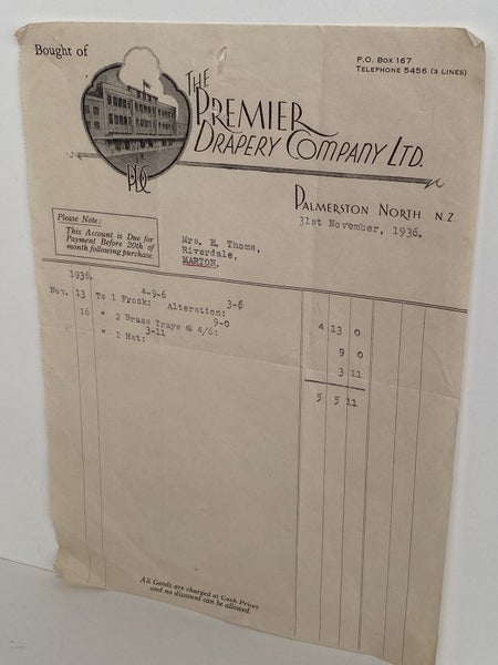 OLD INVOICE: The Premier Drapery Company Ltd. P North 1936 Carousel 2