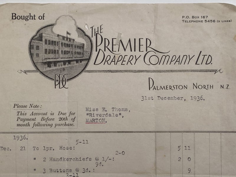 OLD INVOICE: The Premier Drapery Company Ltd. P North 1936 Carousel 1