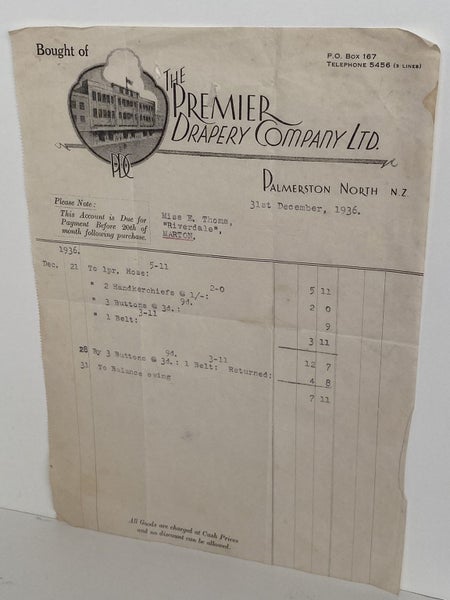OLD INVOICE: The Premier Drapery Company Ltd. P North 1936 Carousel 2