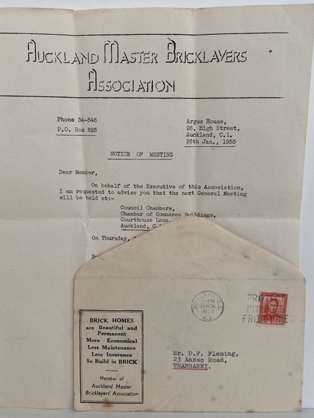 OLD LETTERHEAD + ENVELOPE: Auckland Master Bricklayers Association 1955 Carousel 1