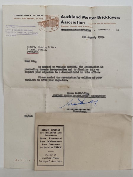 OLD LETTERHEAD + ENVELOPE: Auckland Master Bricklayers Association 1957 Carousel 1