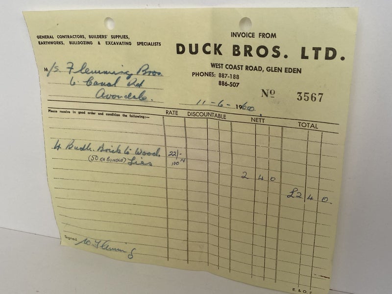 OLD INVOICE: Duck Bros. Ltd, Auckland - Contractors, Builders, Earthworks 1960 Carousel 2