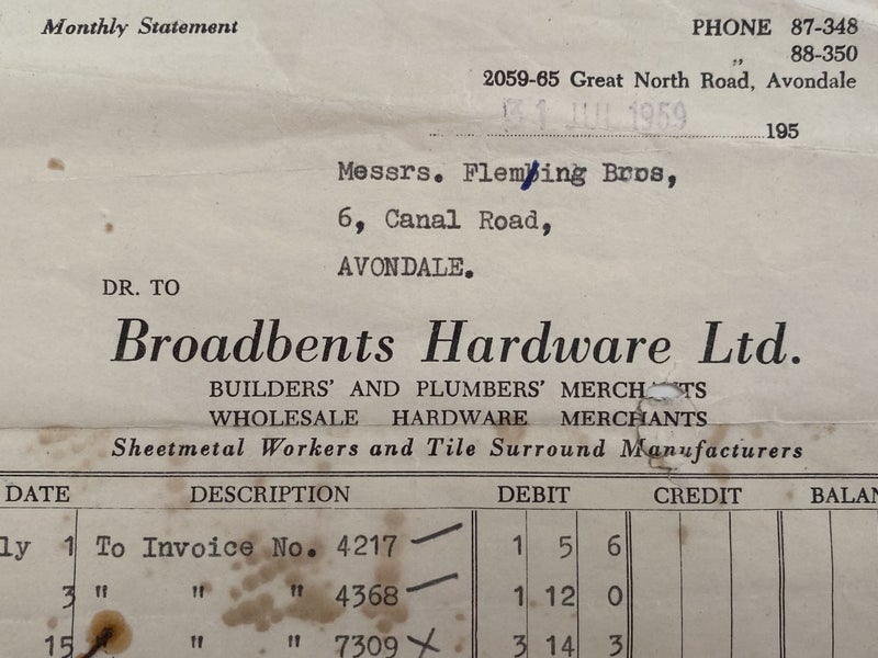 OLD INVOICE: Broadbent Hardware Ltd - Merchants, Avondale 1959 Carousel 1