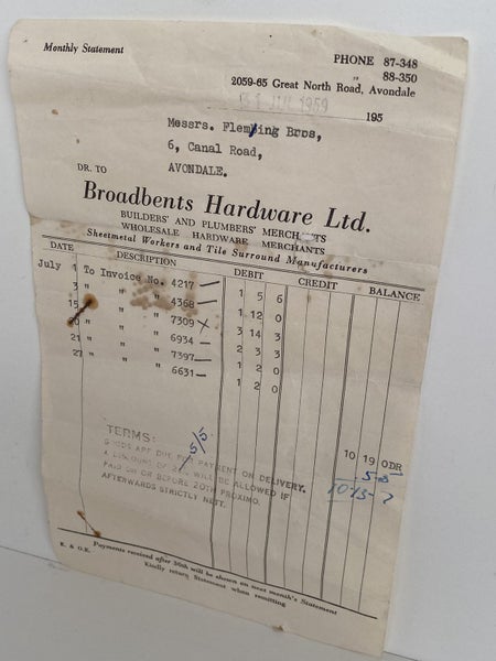 OLD INVOICE: Broadbent Hardware Ltd - Merchants, Avondale 1959 Carousel 2