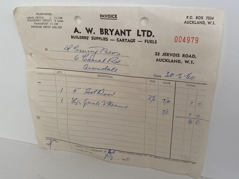 OLD INVOICE: A.W. Bryant Ltd. - Builder Supplies, Auckland 1960 Carousel 2