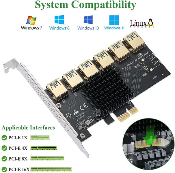 PCIE PCI-E 1X 1 To 6 External Riser USB 3.0 Adapter Multiplier Card For Mining Carousel 2