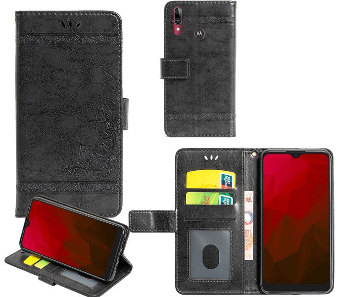 Motorola E6 plus pu leather wallet case cowhide finish card back buckle grey Carousel 1