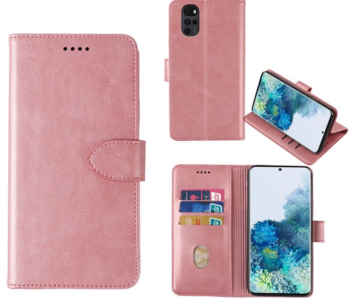 Moto G22 wallet case cowhide finish 3 card slots 1 pocket rose gold Carousel 1