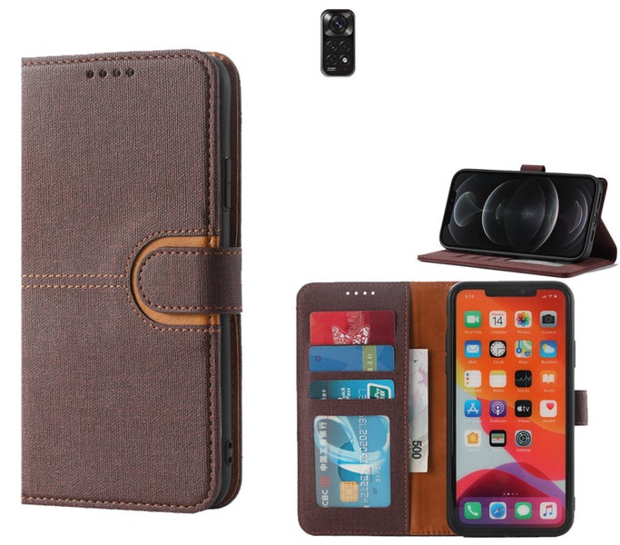 Redmi Note 11 PU leather wallet case canvas finish combined brown Carousel 1