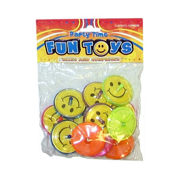 Bag of 12 Plastic Smiley Mini Spinning Tops Carousel 1